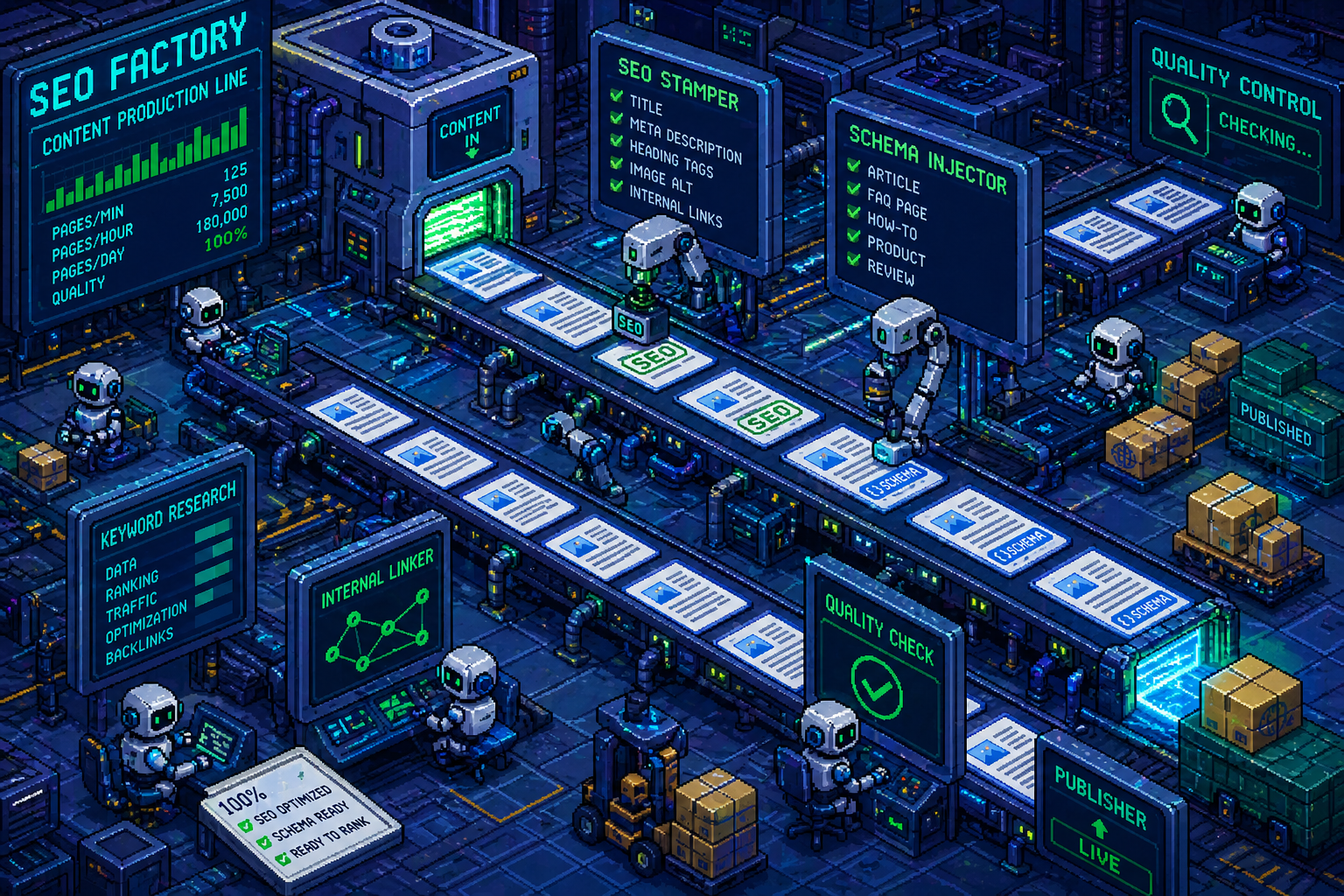 Pixel art programmatic SEO factory assembly line generating page variants from structured data